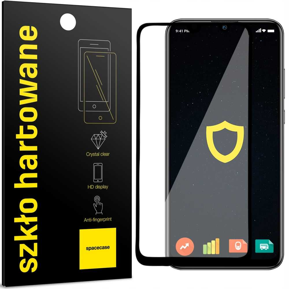 Telefon z ochroną ekranu i opakowaniem. Opakowanie jest czarne i żółte.