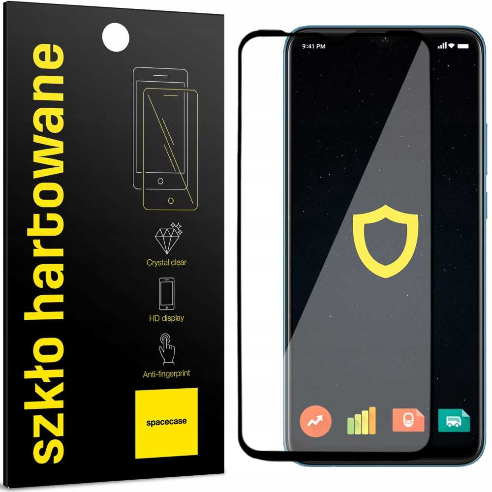Telefon z ochroną ekranu i opakowaniem. Opakowanie czarne z żółtym tekstem i tarczą.