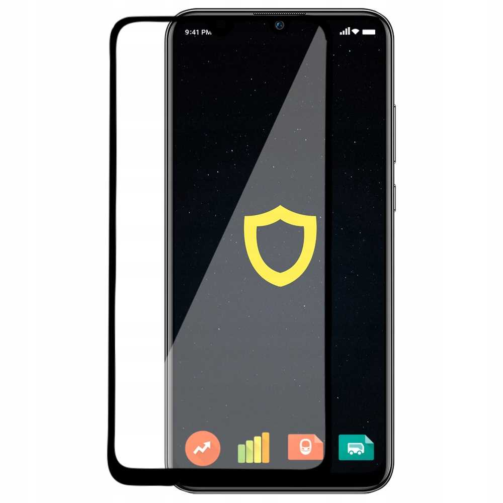 Ekran telefonu z ikoną tarczy i ochraniaczem ekranu obok czarnego opakowania z tekstem i ikonami.