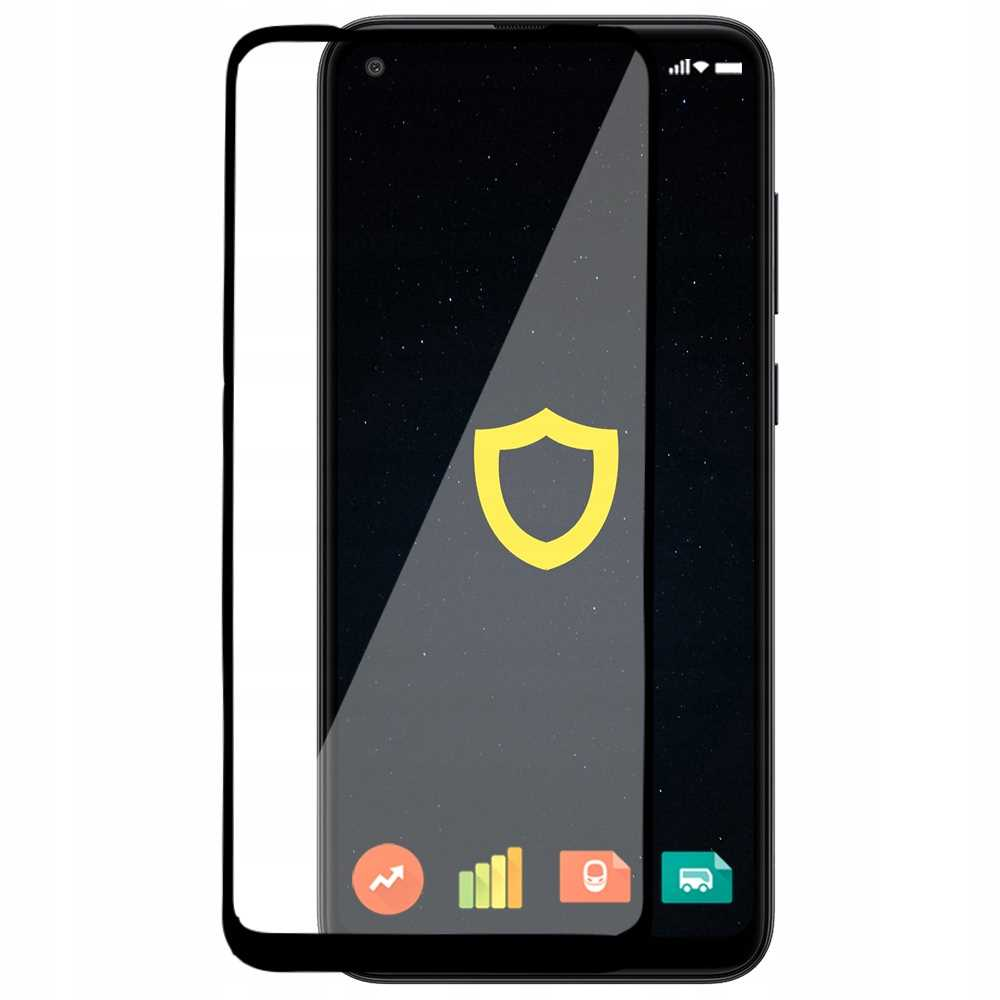 Ochraniacz ekranu smartfona z żółtą ikoną tarczy jest wyświetlany.