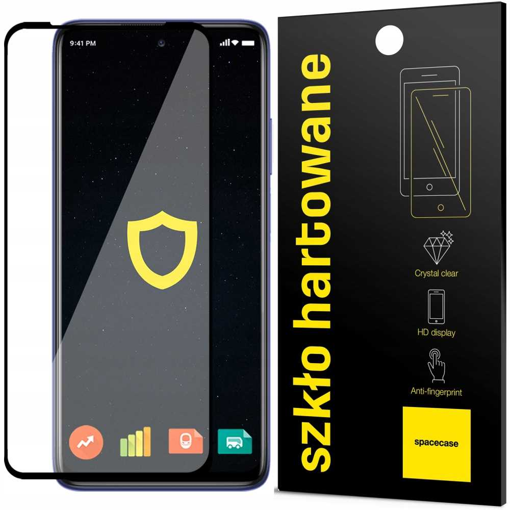 Telefon z ochroną ekranu i opakowaniem. Opakowanie ma czarno-żółty design.