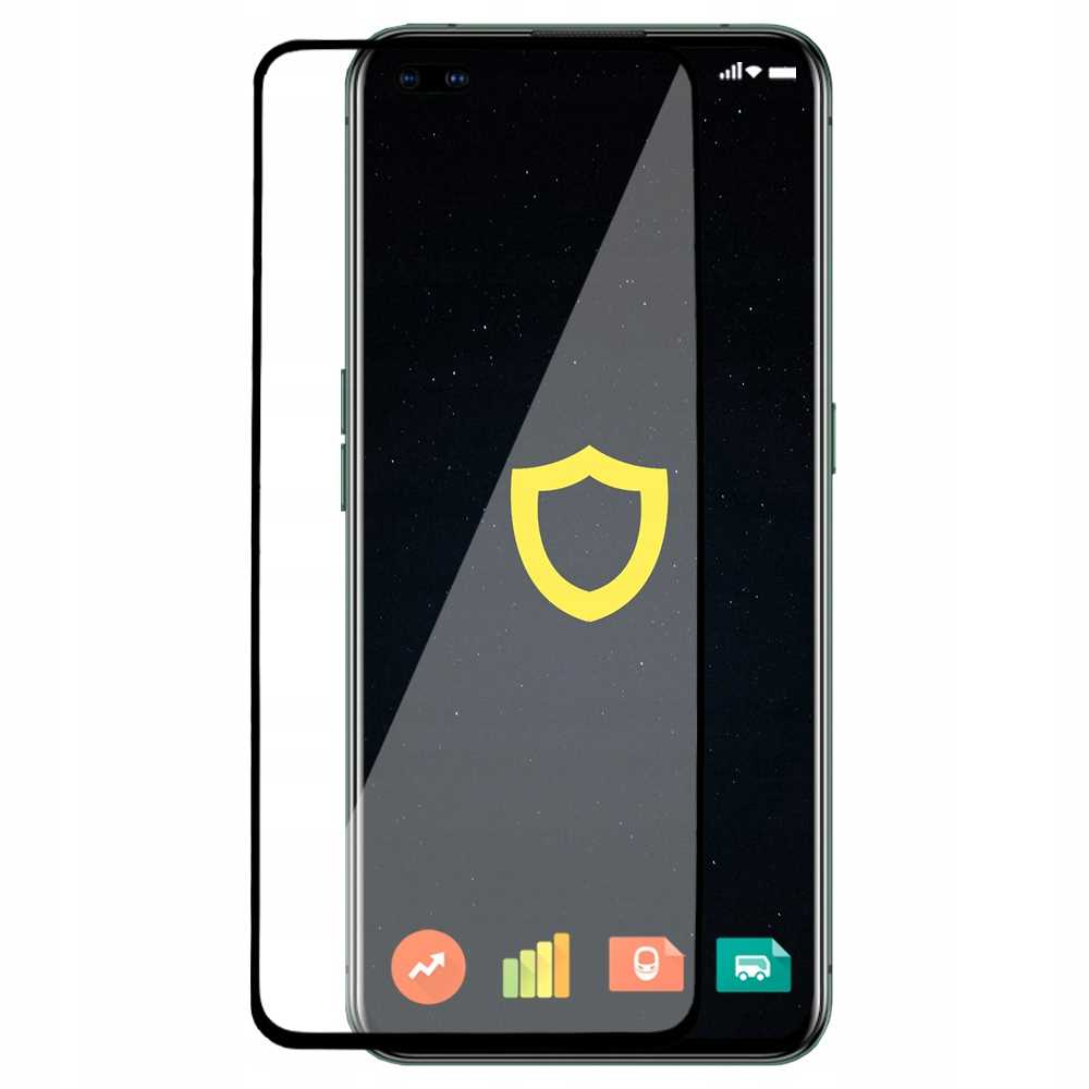 Ekran telefonu z ikoną tarczy, ochraniaczem ekranu i czarnym opakowaniem z tekstem i ikonami.