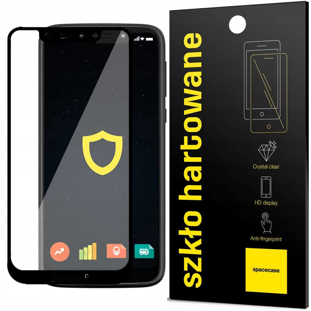 Ekran telefonu z ikoną tarczy i ochraniaczem ekranu obok czarnego opakowania z tekstem i ikonami.