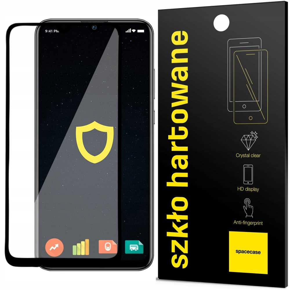 Ekran telefonu z ikoną tarczy i ochraniaczem ekranu obok czarnego opakowania z tekstem i ikonami.