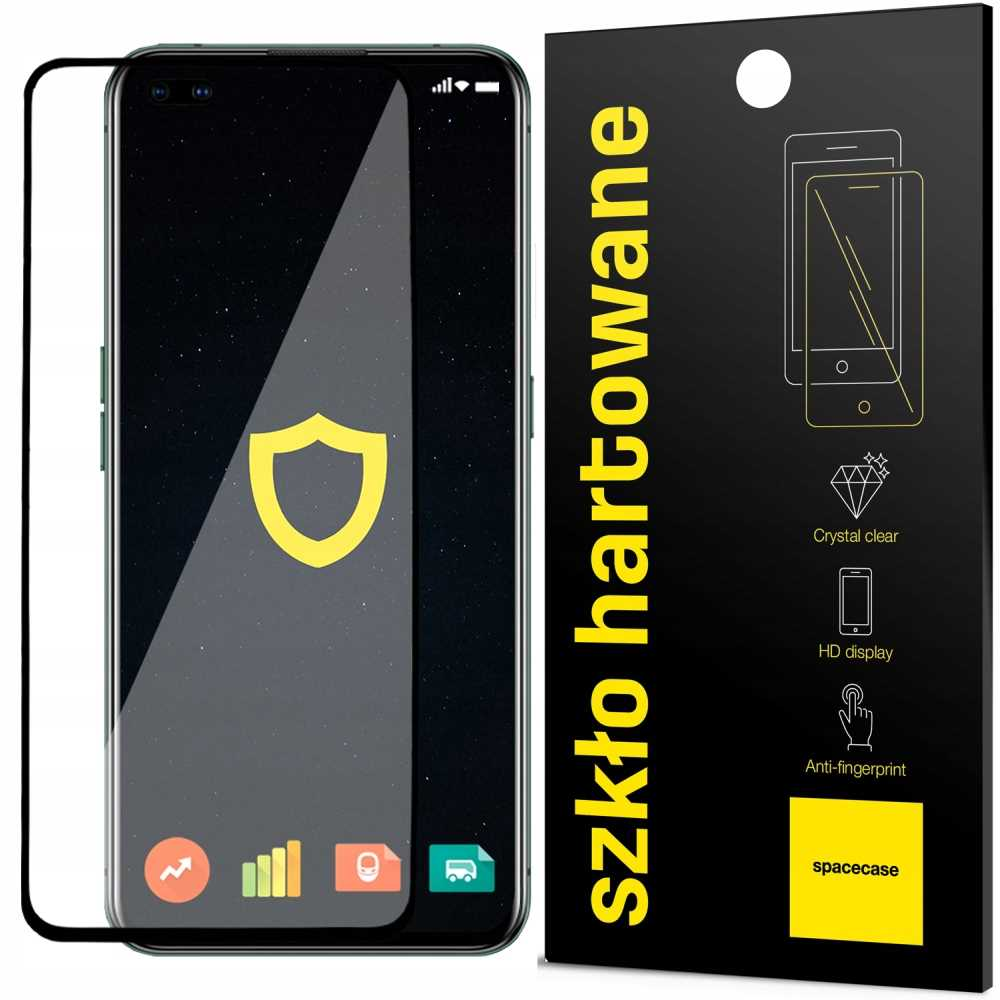 Czarny smartfon z logo tarczy i ochraniaczem ekranu po lewej stronie czarnego opakowania z ochraniaczem ekranu.