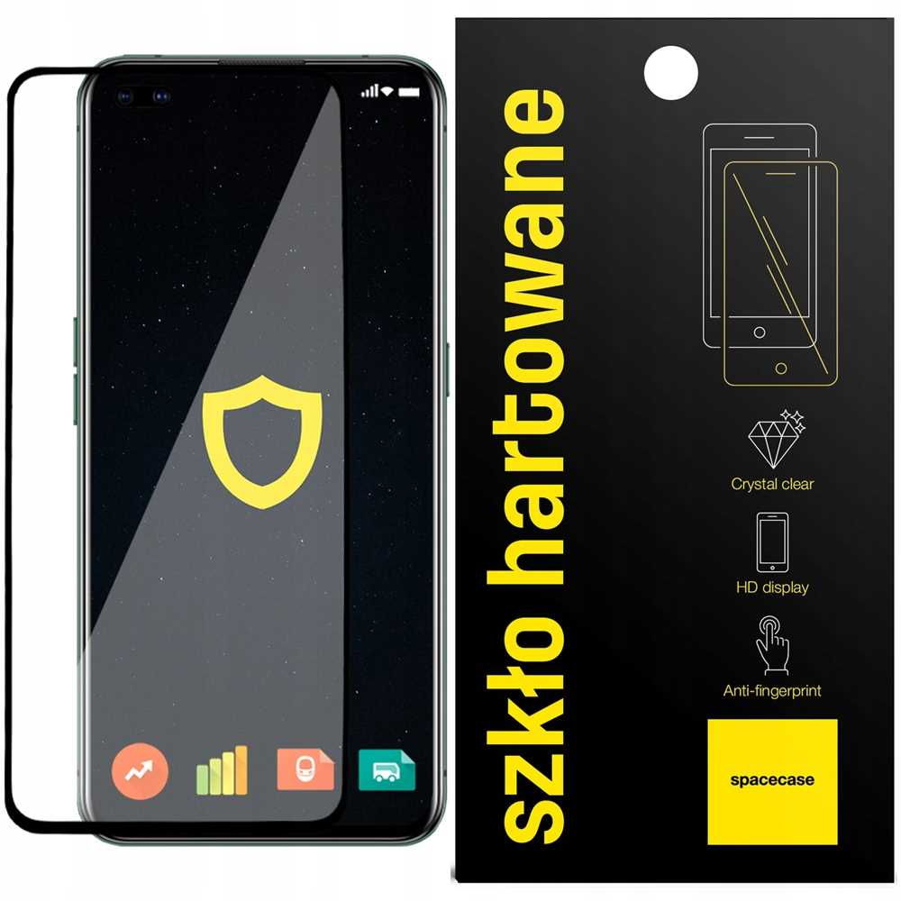 Czarny smartfon z logo tarczy obok czarnego opakowania z ochraniaczem ekranu.