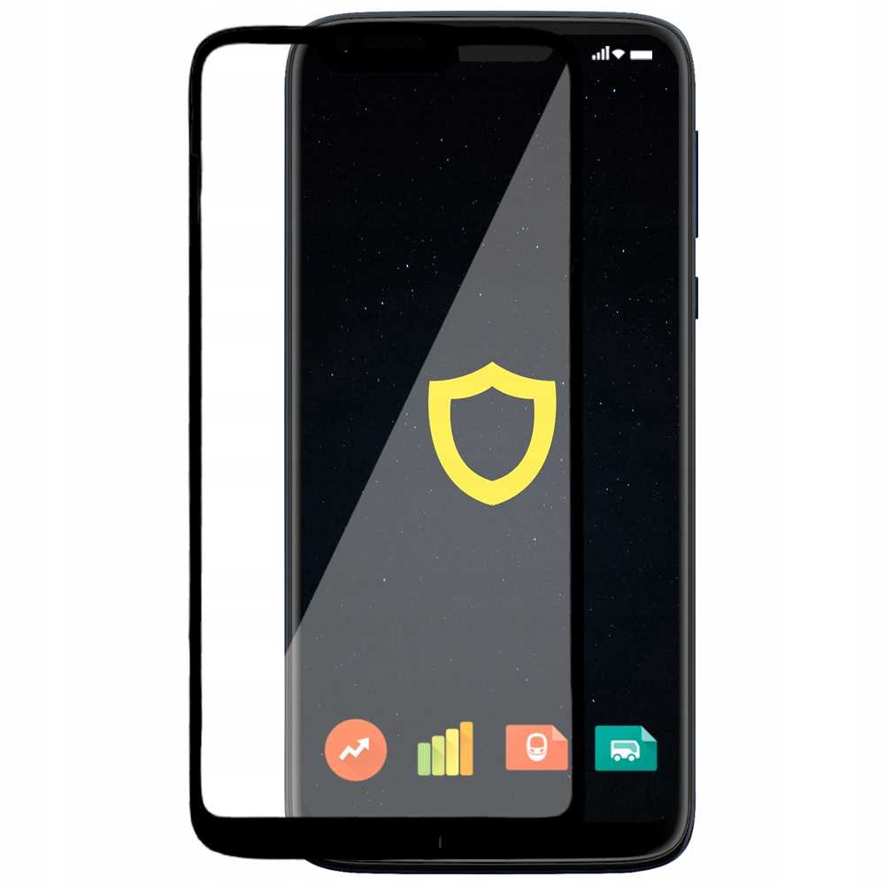 Telefon z folią ochronną na ekranie wyświetla żółtą ikonę tarczy na czarnym ekranie.