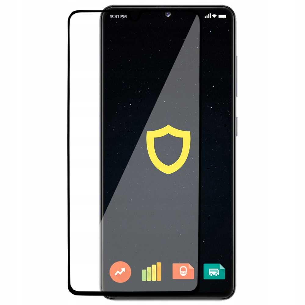 Telefon z zestawem do nakładania folii ochronnej z żółtą ikoną tarczy.
