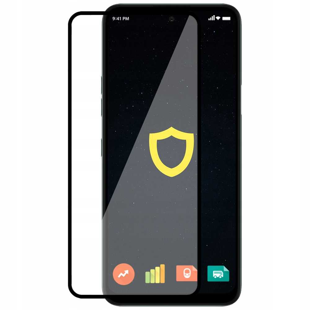 Ekran telefonu z ikoną tarczy. Ochraniacz ekranu po lewej. Czarne tło.