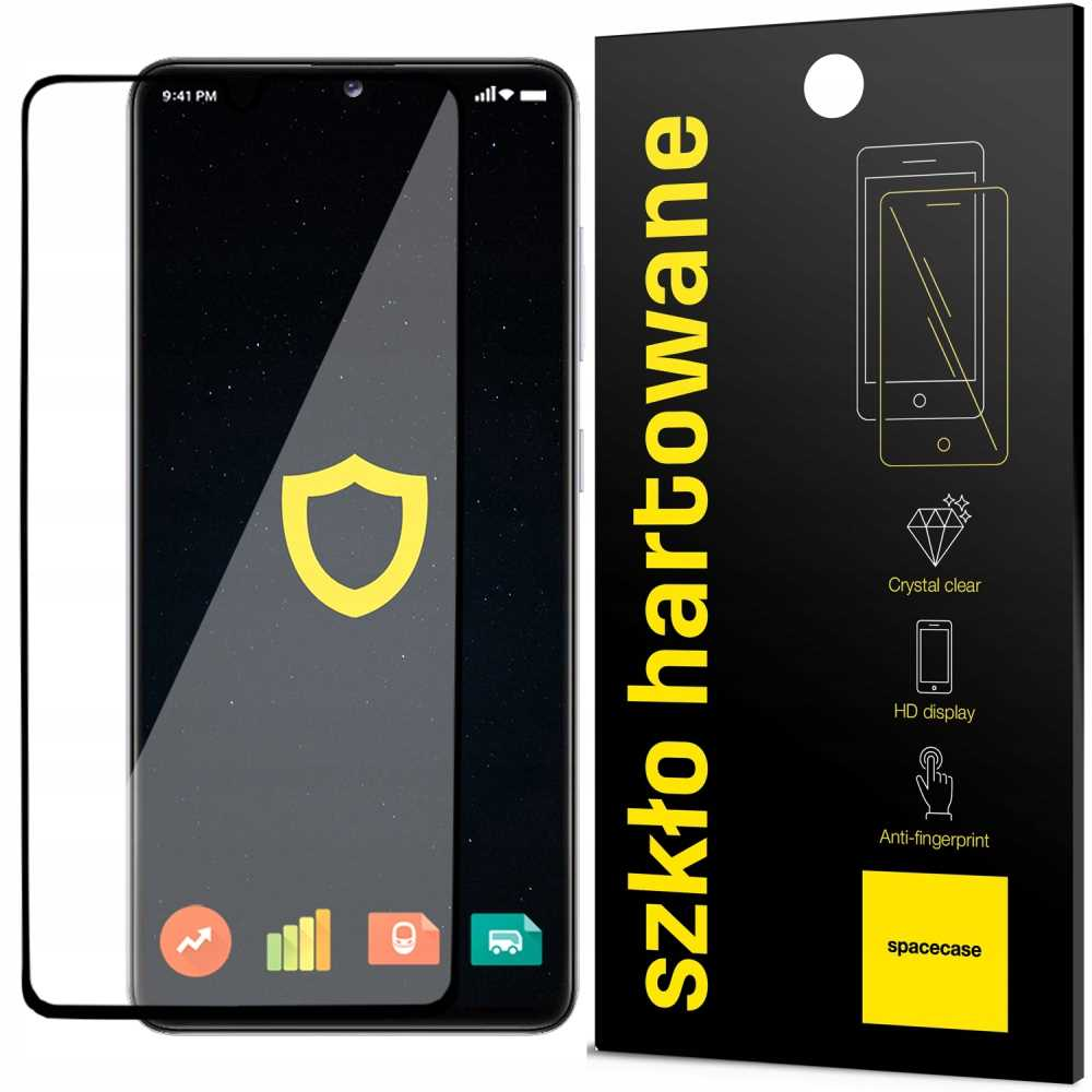 Telefon z ochraniaczem ekranu i opakowaniem. Ochraniacz ma logo tarczy na ekranie.