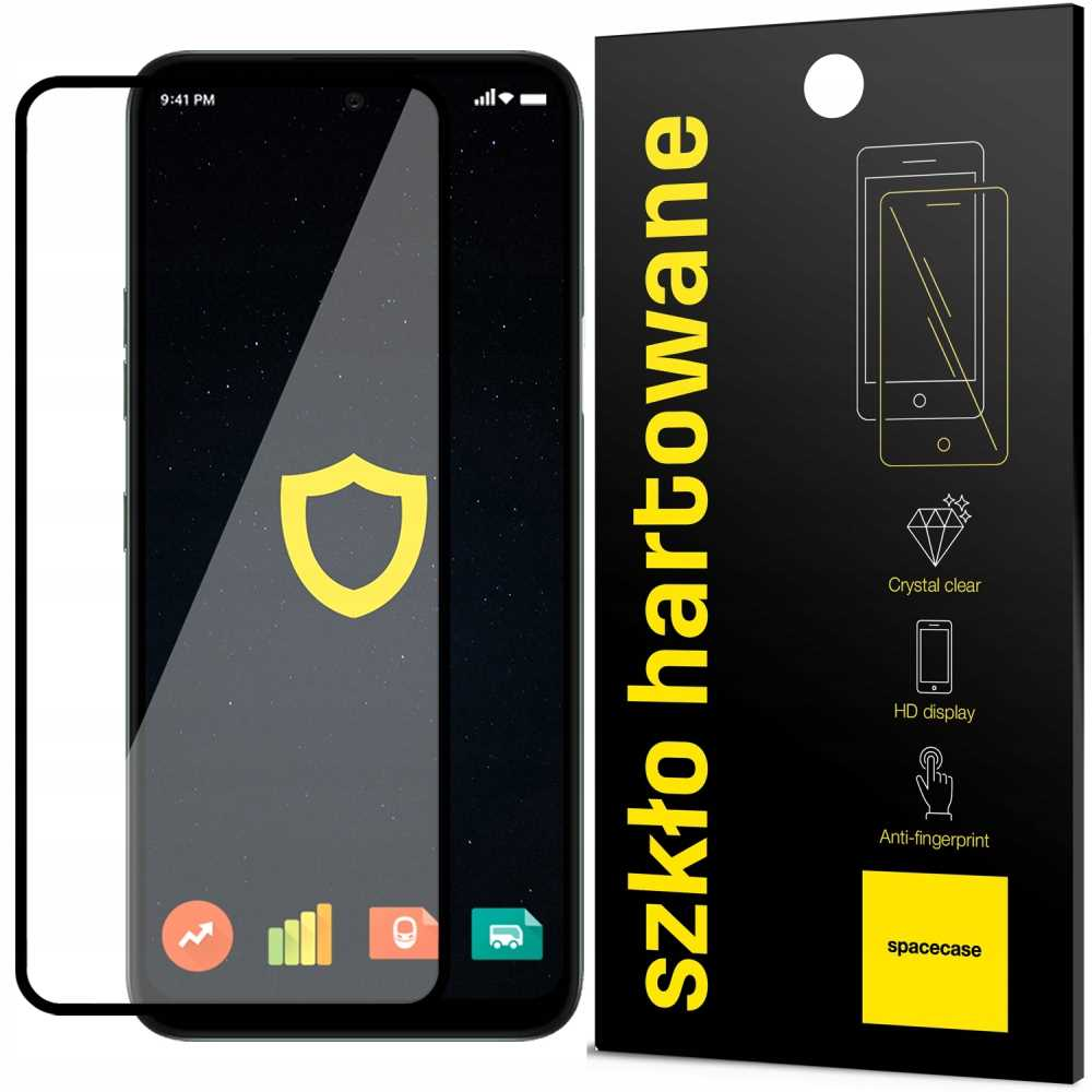 Ochraniacz ekranu telefonu z telefonem, ikoną tarczy i czarnym opakowaniem z napisem 'szkło hartowane'.