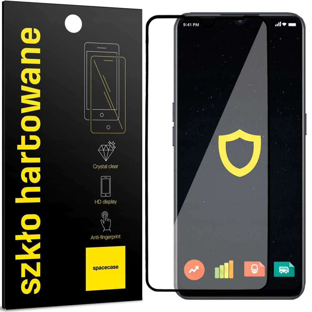 Ochraniacz ekranu telefonu z telefonem, ikoną tarczy i czarnym opakowaniem z napisem 'szkło hartowane'.