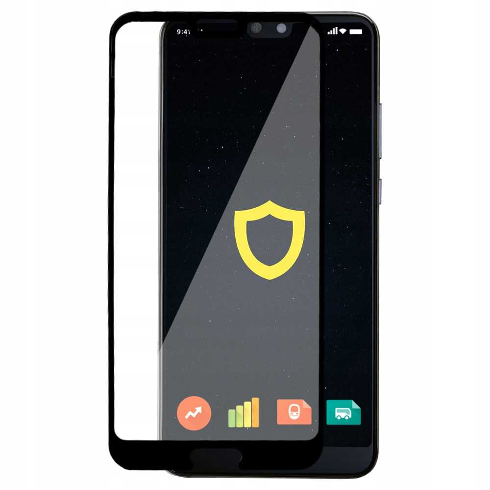 Telefon z ochroną ekranu, ikoną tarczy i czarnym tłem. Ekran pokazuje tarczę.