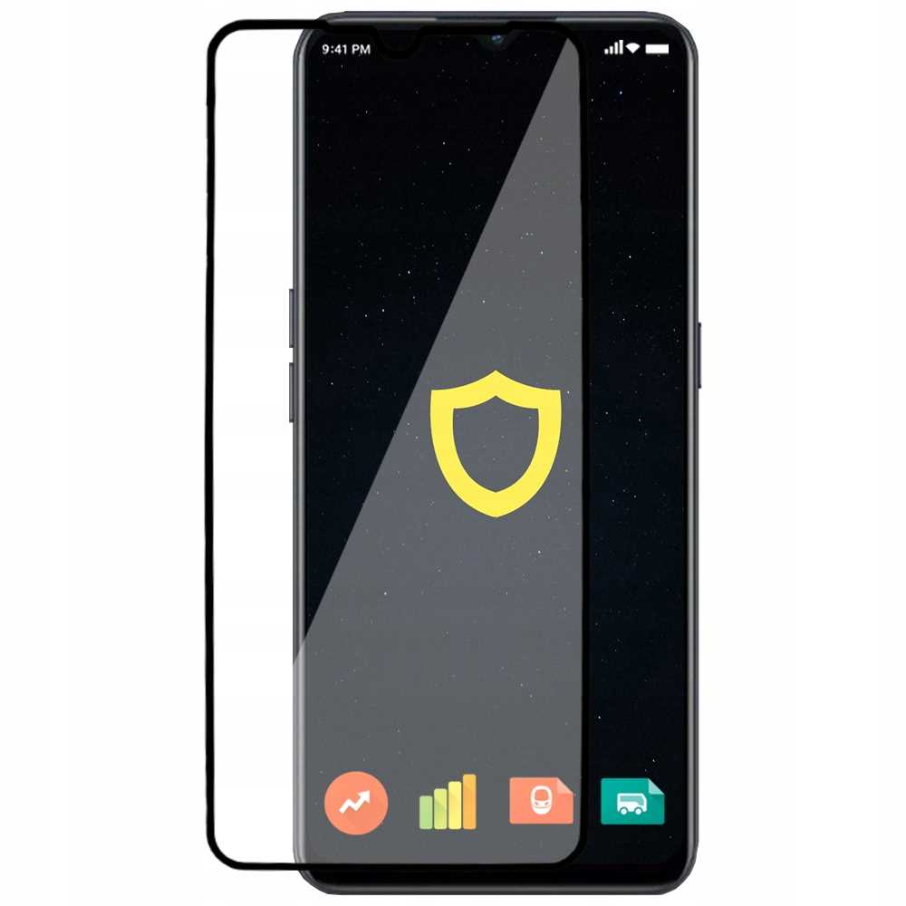 Telefon z ochraniaczem ekranu. Ekran wyświetla ikonę tarczy na czarnym tle.