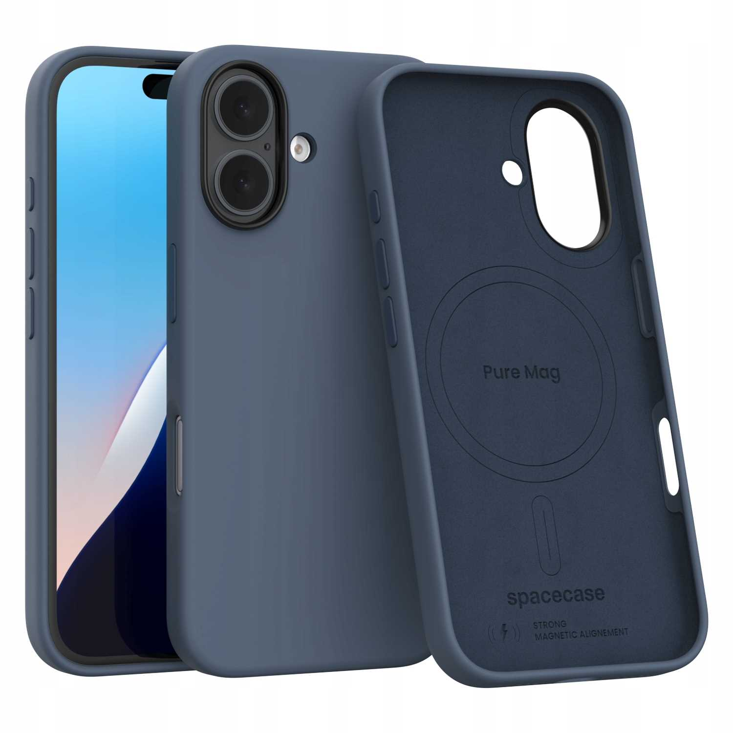 Etui na telefon i telefon. Etui jest niebieskie, z wycięciem na aparat. Telefon jest częściowo widoczny.