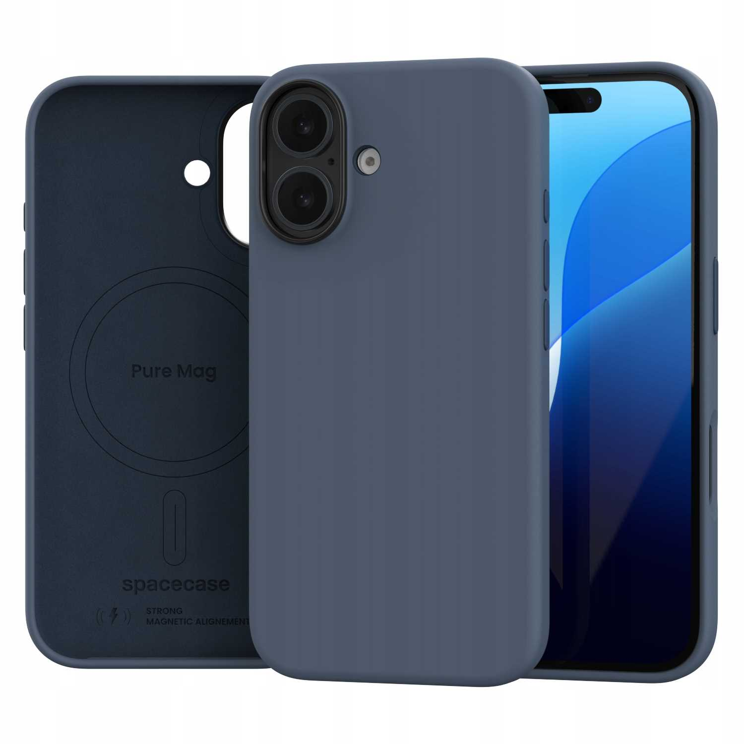 Etui na telefon i telefon. Etui jest niebieskie, z wycięciem na aparat. Telefon jest częściowo widoczny.