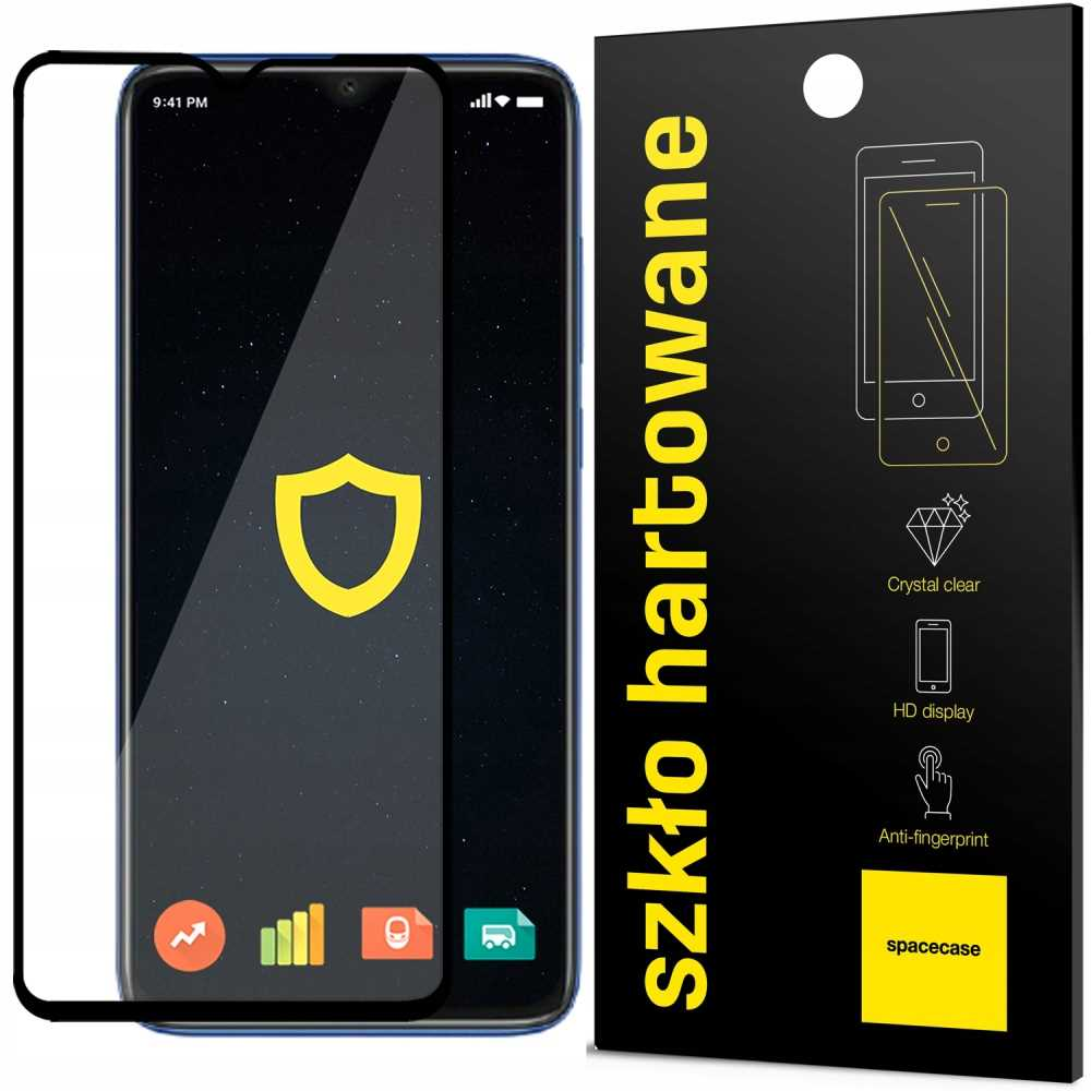 Niebieski telefon z ochraniaczem ekranu, pokazujący ikonę tarczy i opakowanie produktu.