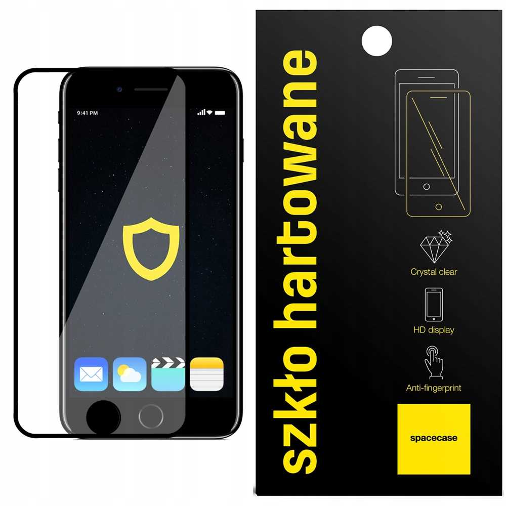 Czarny telefon z ochroną, ikoną tarczy na ekranie i żółtym tekstem z boku.