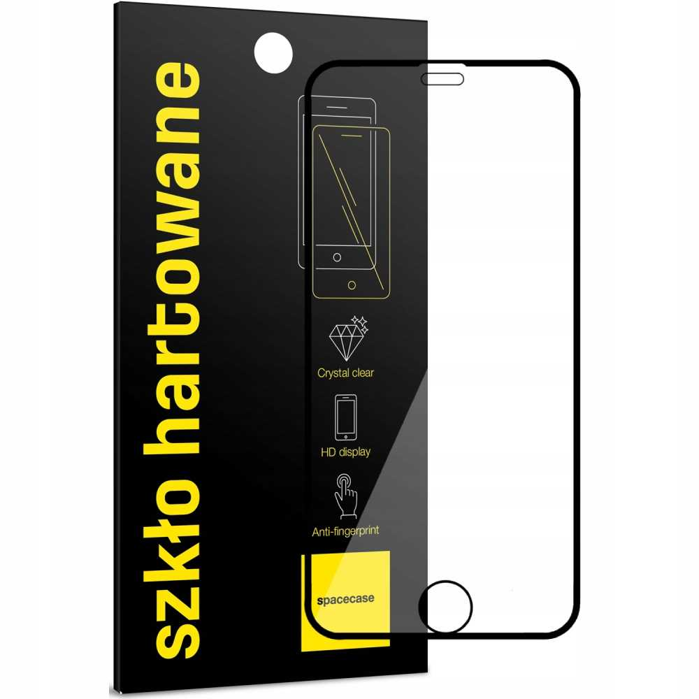 Czarne opakowanie ochraniacza ekranu z obrysem telefonu, żółtym tekstem i cechami produktu.