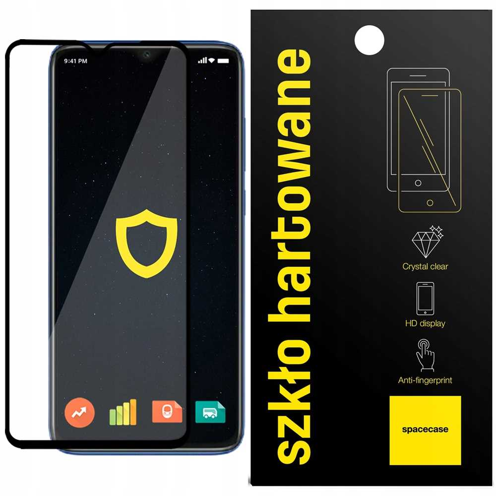 Telefon z ochraniaczem ekranu i opakowaniem. Opakowanie z tekstem i obrazami.