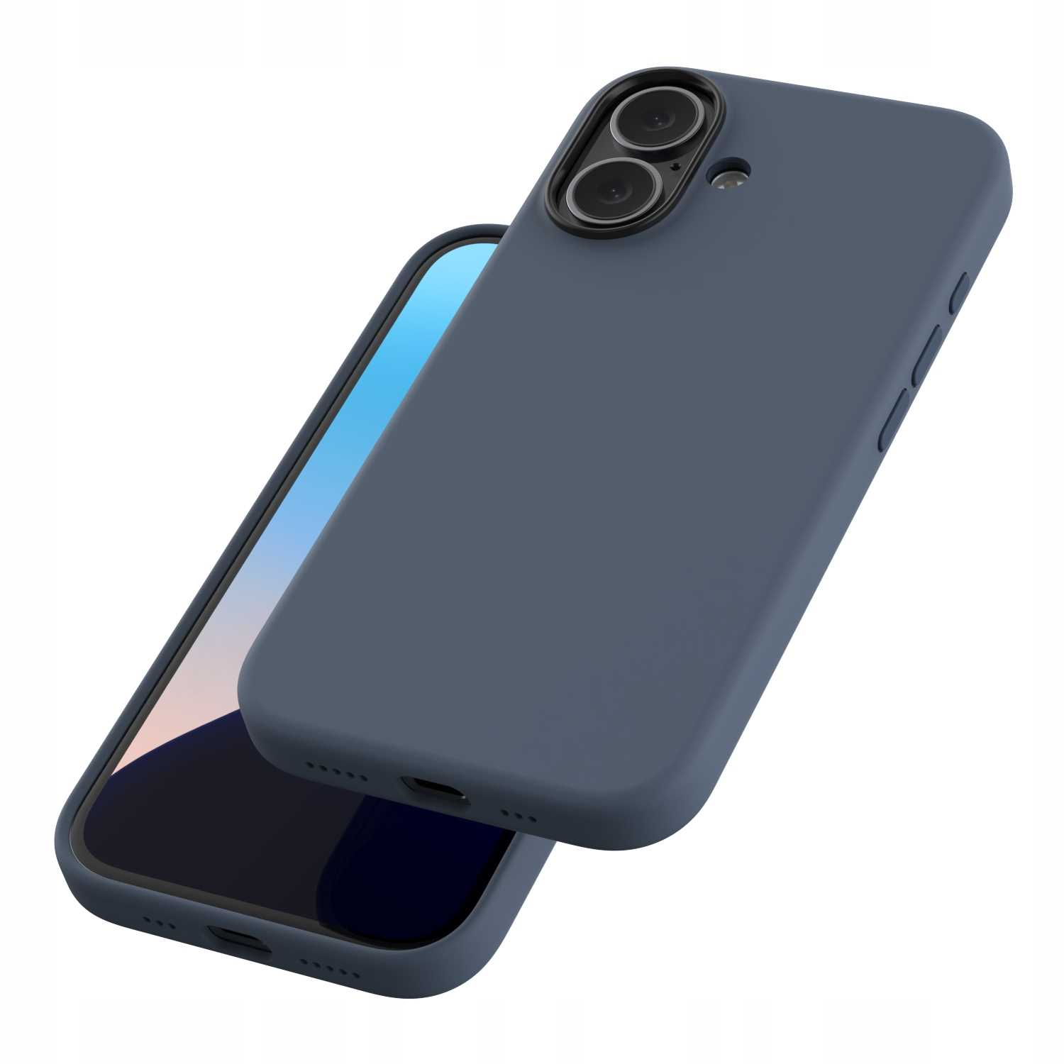 Niebieski telefon z etui, pod kątem, prezentujący telefon i detale etui.