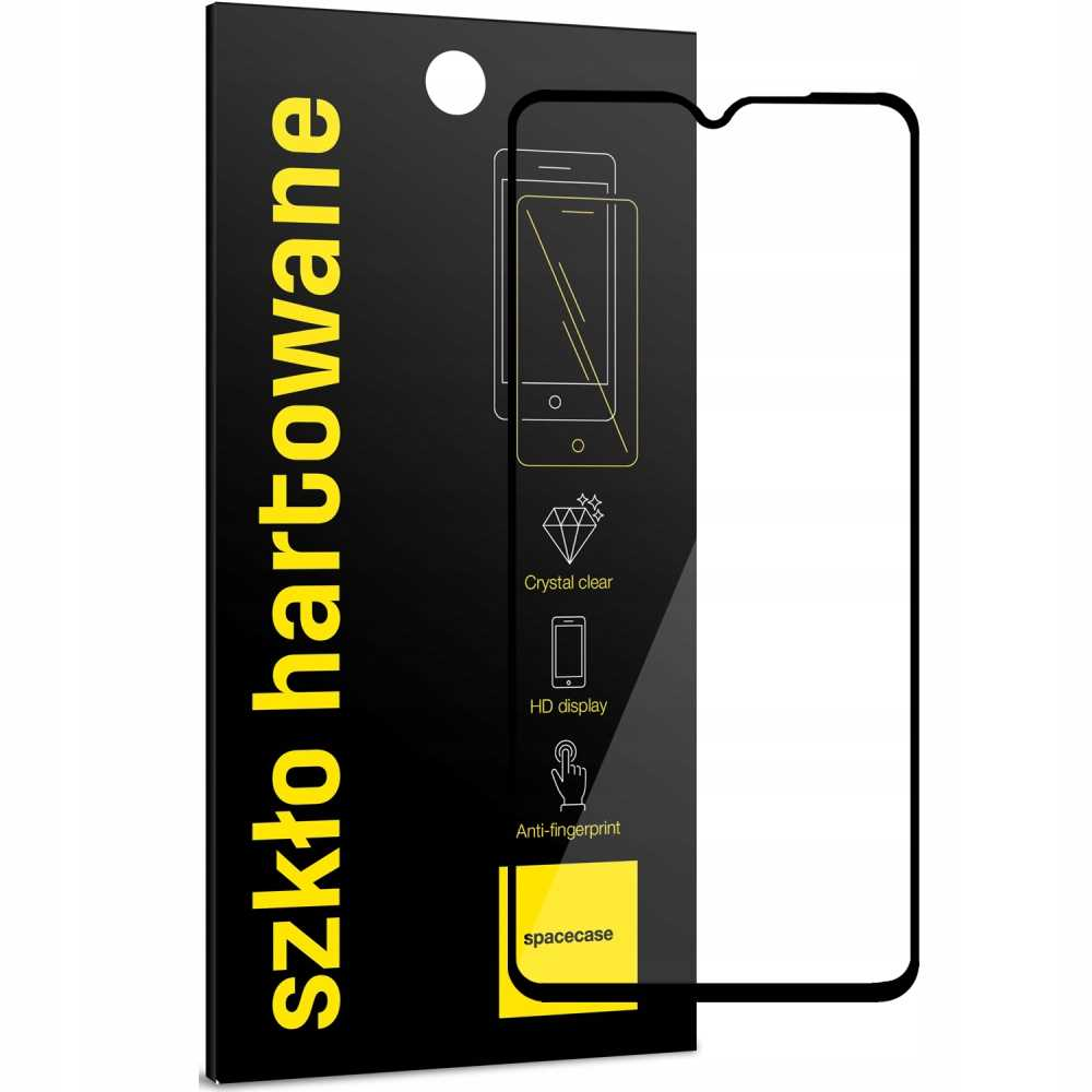 Czarne opakowanie ochraniacza ekranu z obrysem telefonu, żółtym tekstem i cechami produktu.