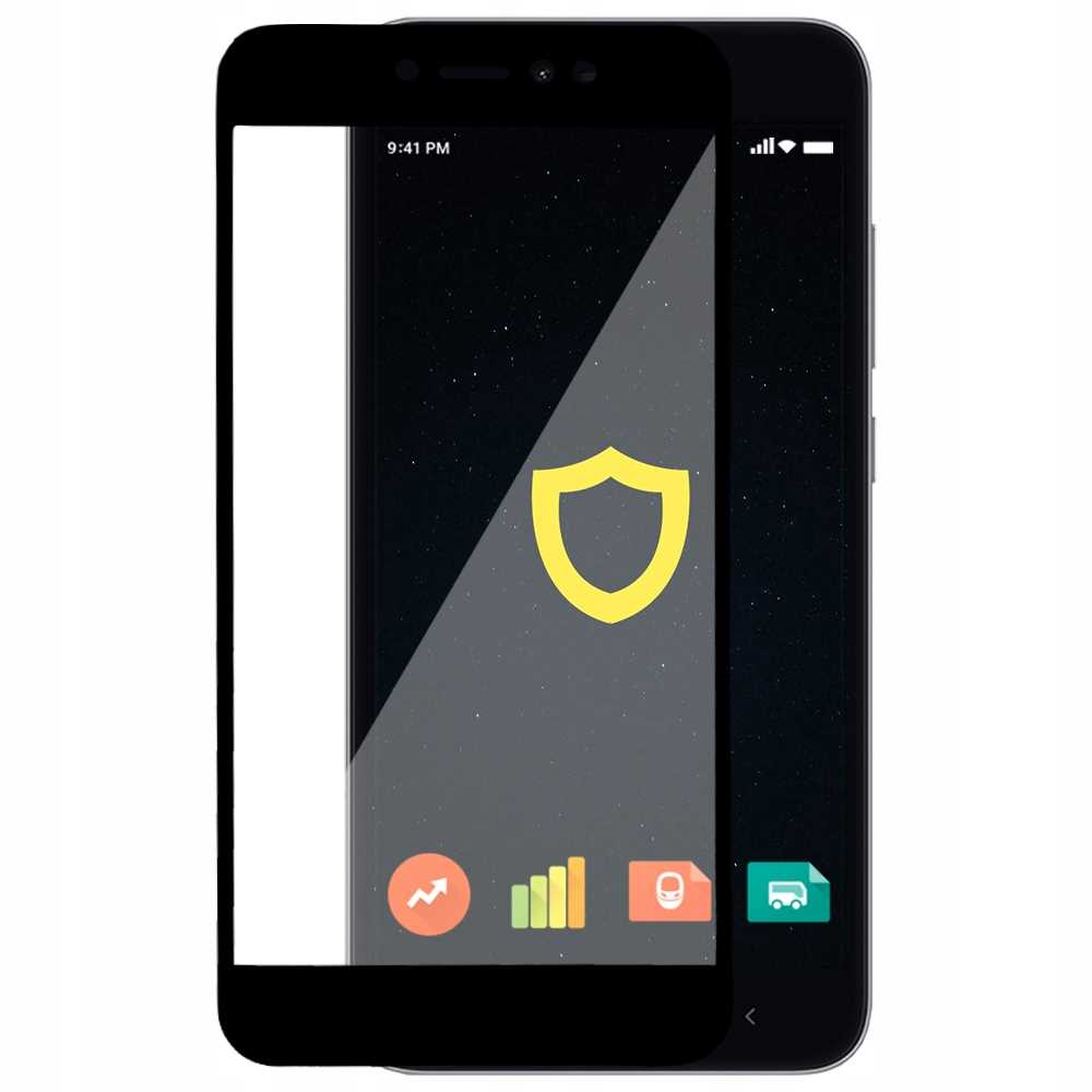 Czarny telefon z ochraniaczem ekranu wyświetlający ikonę tarczy, czas i ikony aplikacji.
