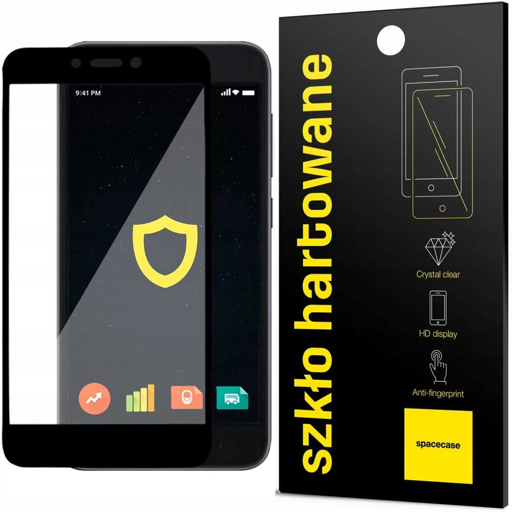 Czarny telefon z ochraniaczem ekranu obok czarnej karty z żółtym tekstem i konturami telefonu.
