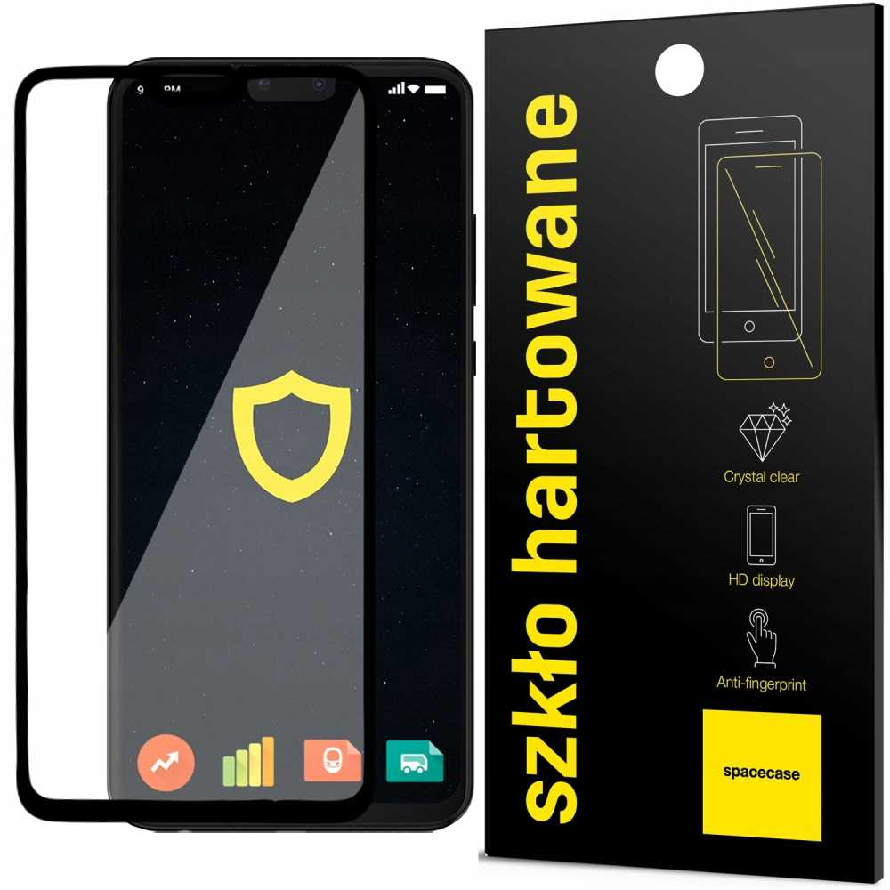 Telefon z ochraniaczem ekranu. Obok czarne pudełko z cechami ochraniacza.