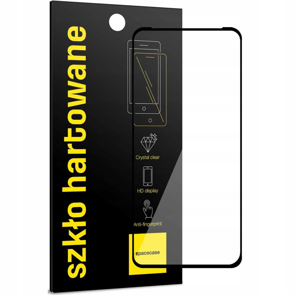 Telefon z ochraniaczem ekranu. Obok czarne pudełko z cechami ochraniacza.