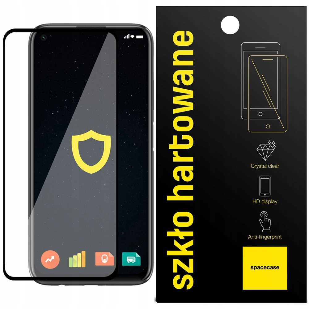 Telefon z ochraniaczem ekranu. Obok czarne pudełko z cechami ochraniacza.