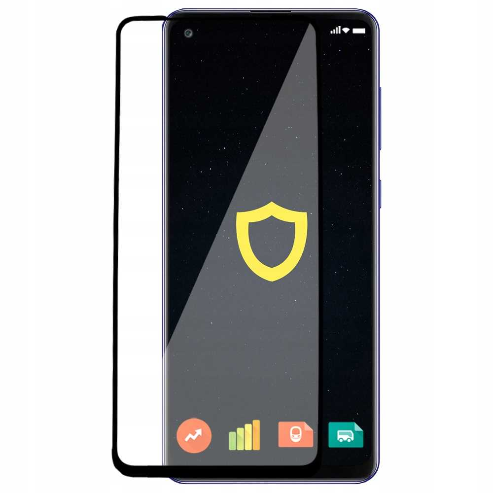 Ochraniacz ekranu telefonu i telefon. Ochraniacz jest po lewej, a telefon po prawej. Ochraniacz jest przezroczysty.