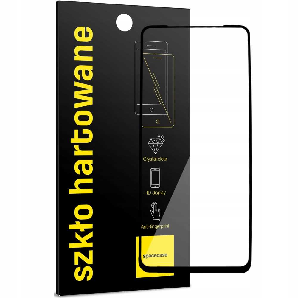 Czarne opakowanie z żółtym tekstem i ochraniaczem ekranu, z białym tłem.