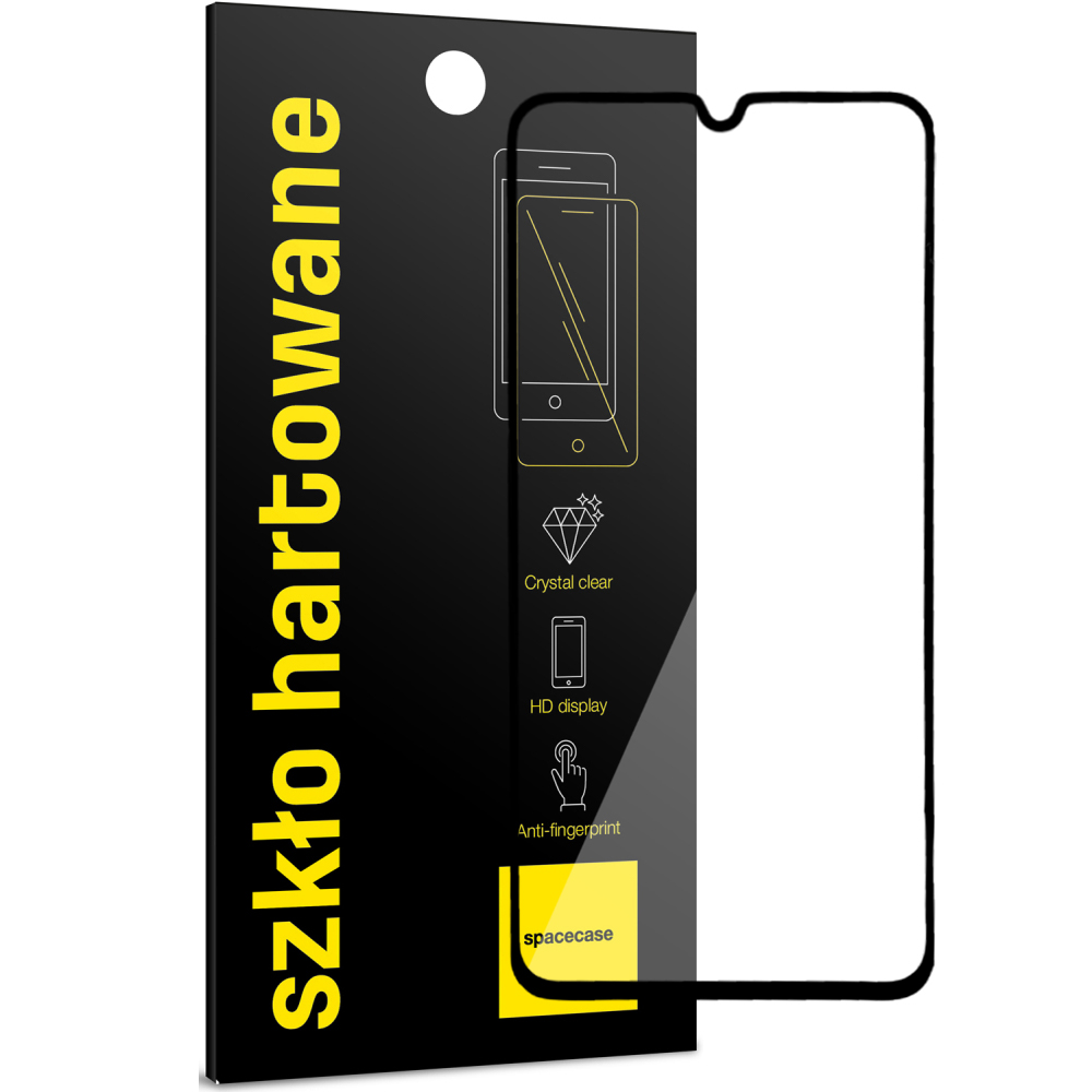 Ochraniacz ekranu telefonu. Krawędzie są czarne, a ochraniacz jest przezroczysty. Kształt pasuje do telefonu.