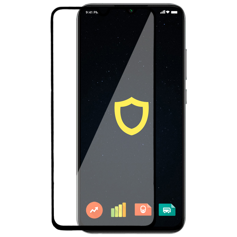 Telefon z ochraniaczem ekranu. Ekran wyświetla ikony, tarczę i gwiaździste tło.