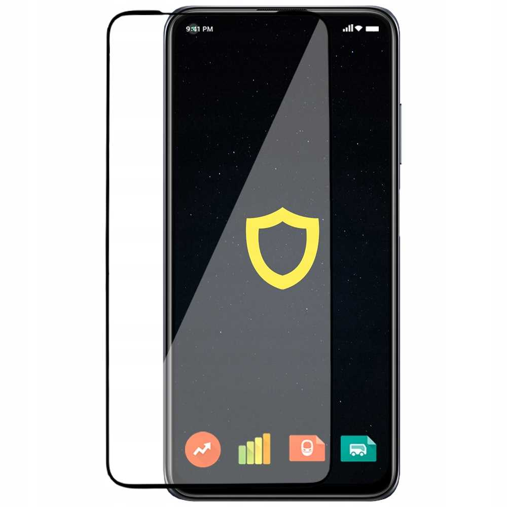 Smartfon z ikoną tarczy na ekranie, godzina 21:41, z ochraniaczem ekranu.