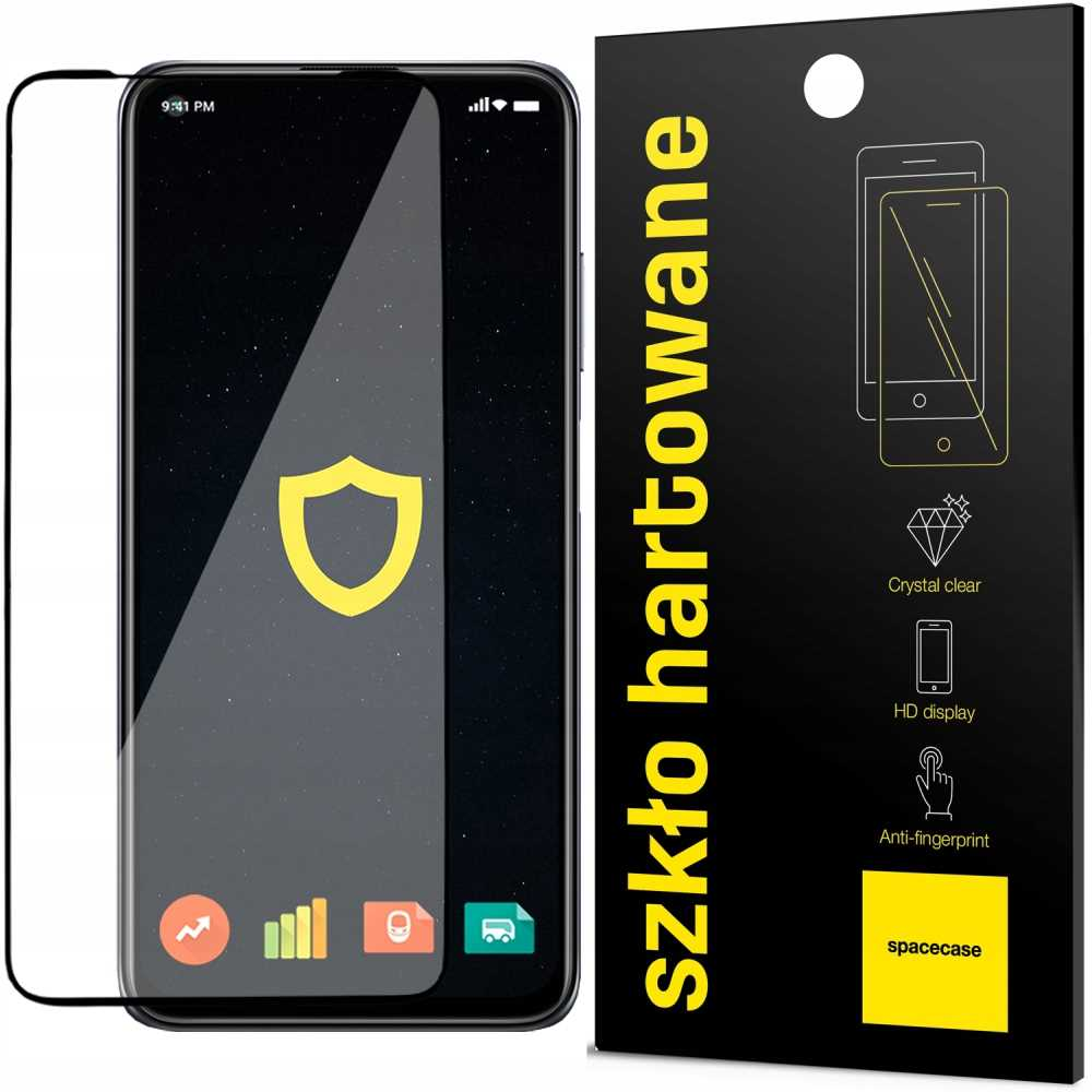 Smartfon z ikoną tarczy, godzina 21:41, obok opakowania 'szkło hartowane'.