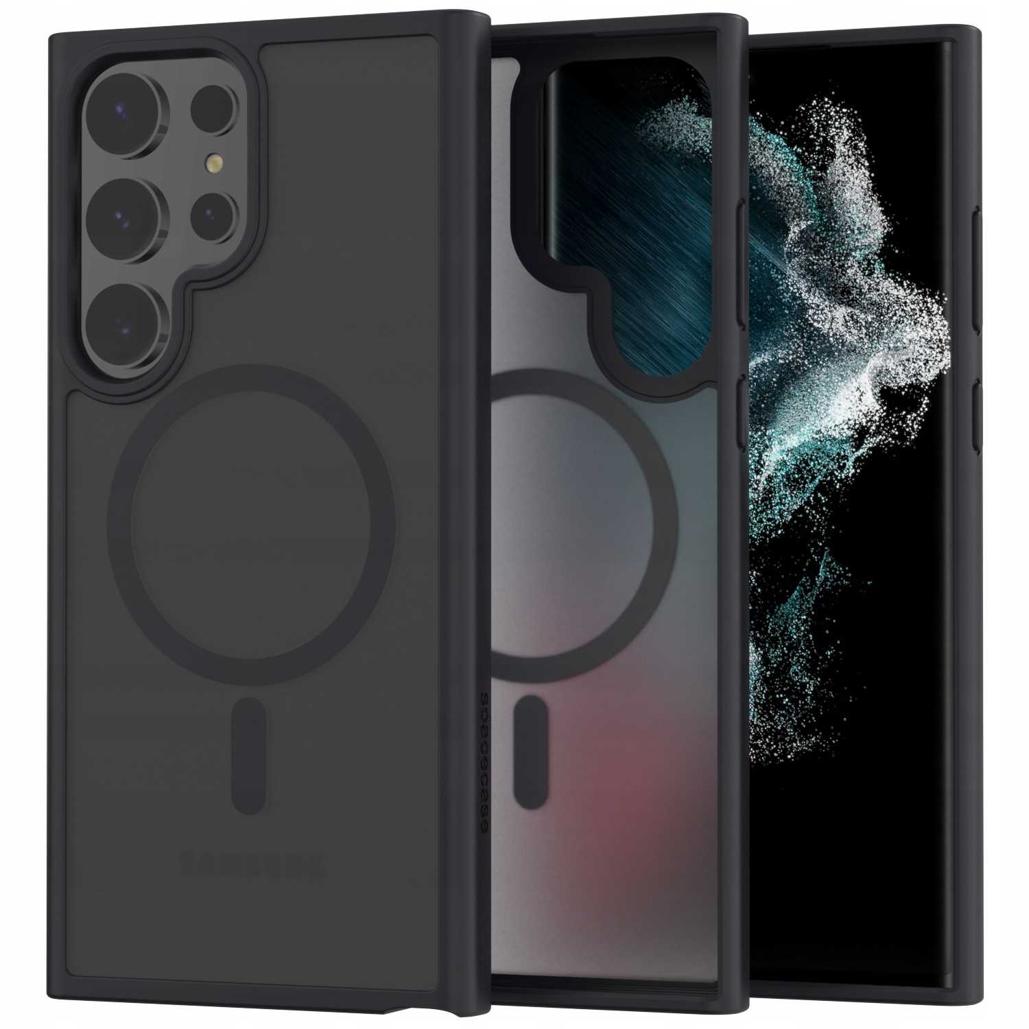 Trzy czarne etui na telefon. Jedno jest otwarte, a telefon jest włożony.