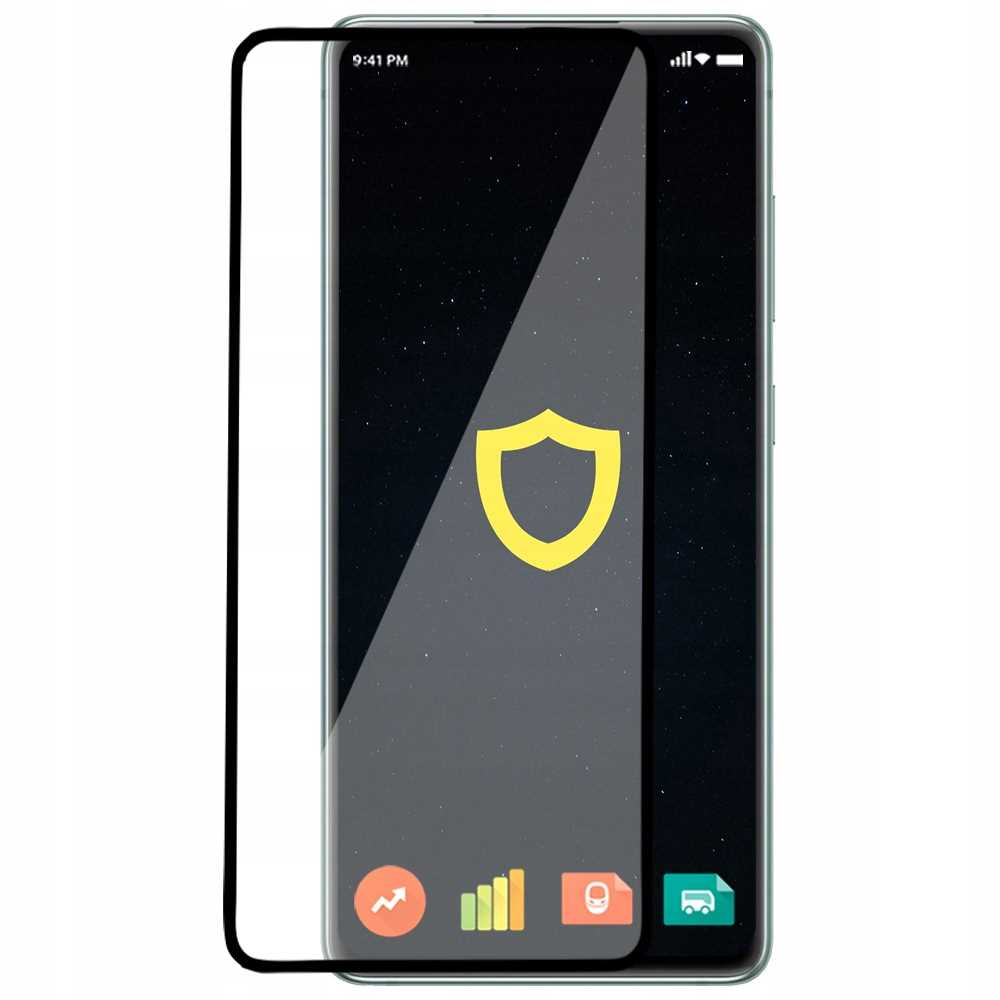 Smartfon z ikoną tarczy na ekranie, z nałożonym ochraniaczem ekranu.