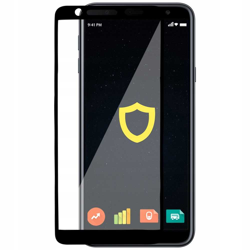 Smartfon z ikoną tarczy na ekranie, godzina 21:41, z ochraniaczem ekranu.