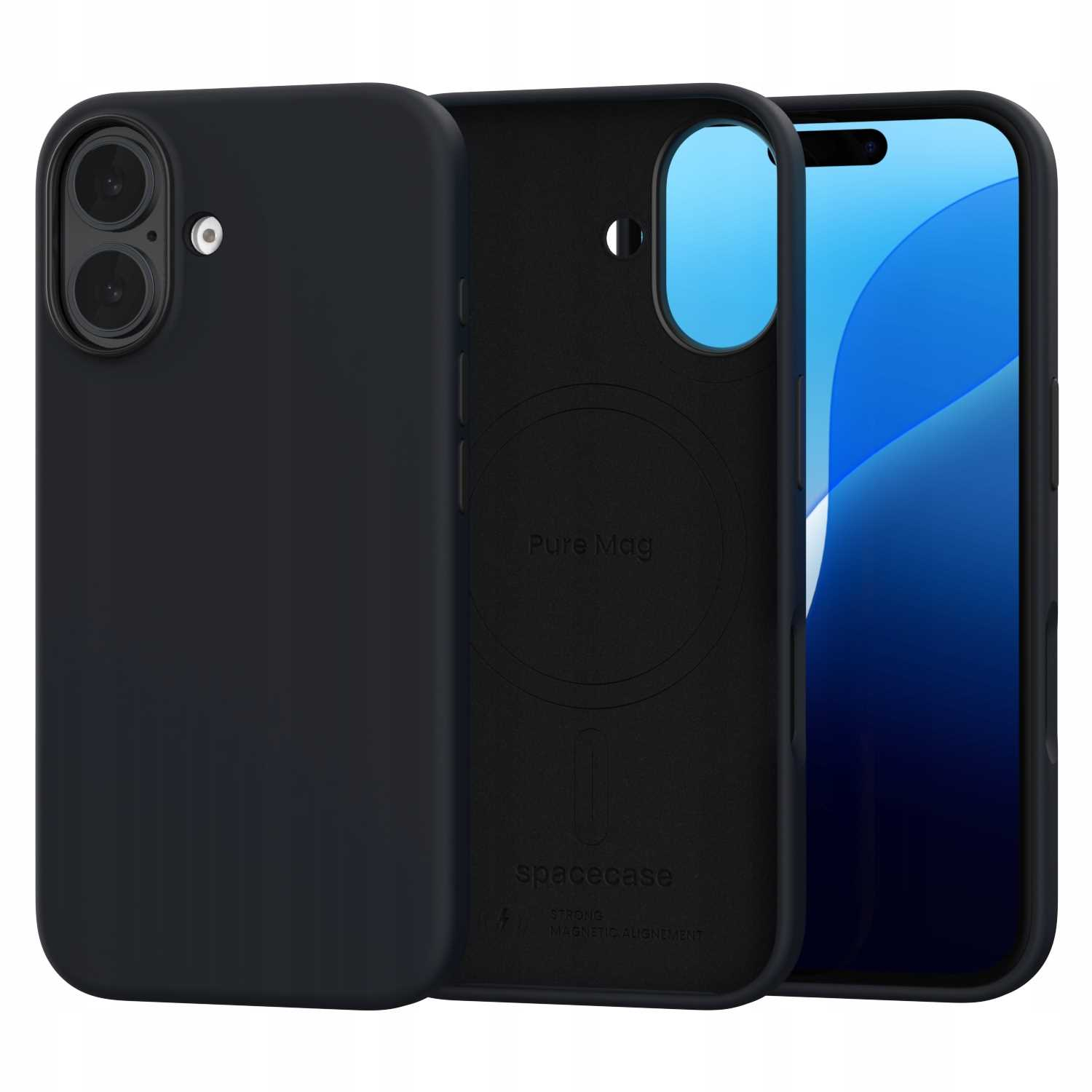 Czarne etui na telefon z czarnym telefonem, jedno etui otwarte.