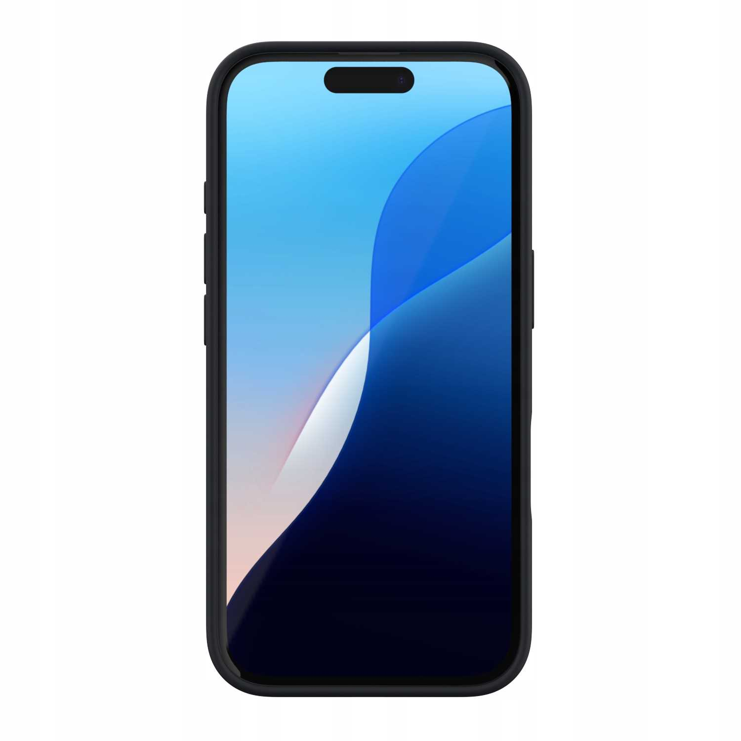 Smartfon w czarnym etui, pokazujący ekran z niebiesko-białym wyświetlaczem.