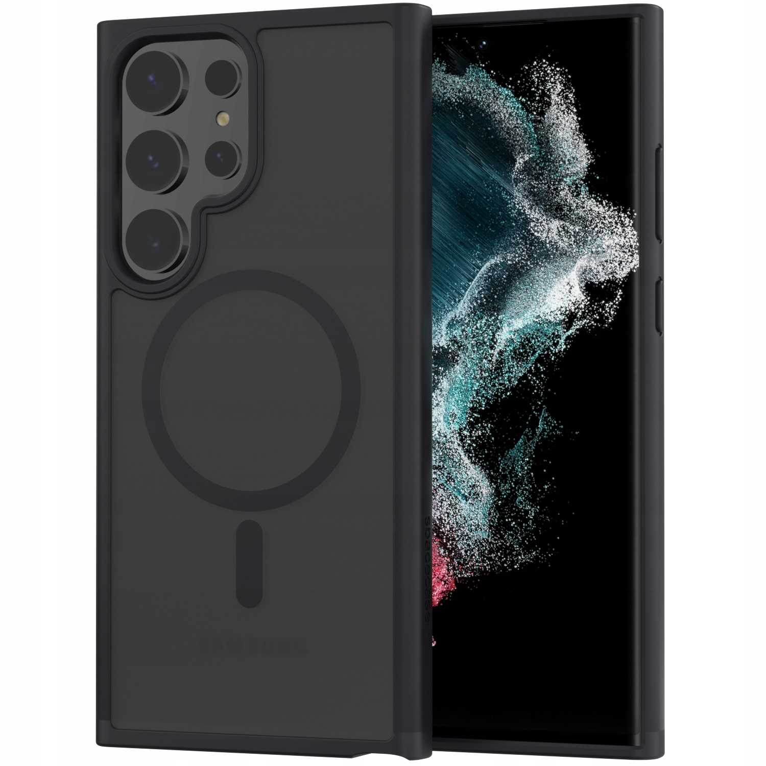 Czarne etui z czarnym telefonem w środku, pokazujące tył i szczegóły aparatu.