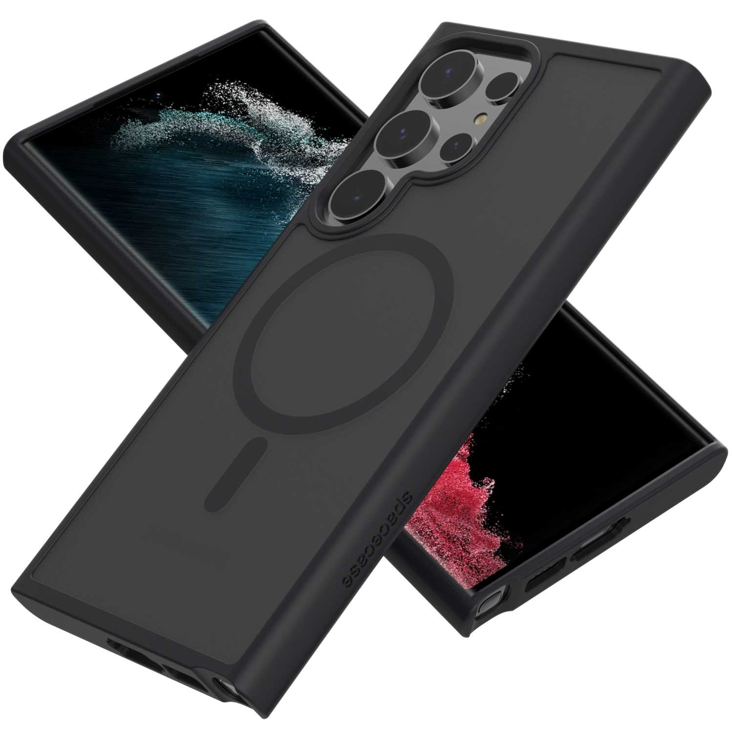 Czarne etui na telefon na ciemnym tle, pokazujące tył i telefon, ze szczegółami aparatu.