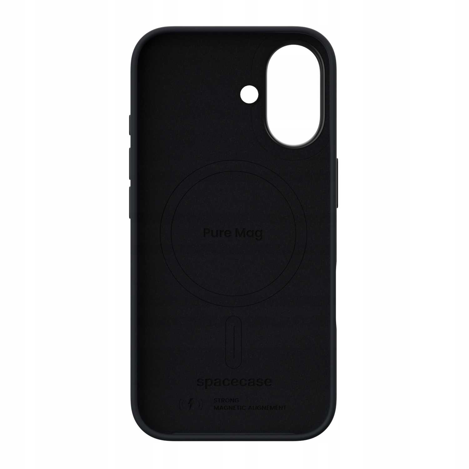 Czarne etui z logo 'Pure Mag', z nadrukiem 'spacecase' i 'Strong Magnetic Alignment'.