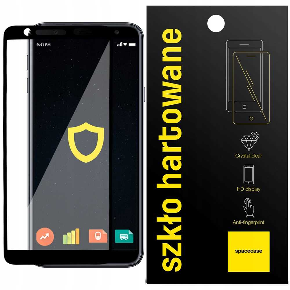 Smartfon z ochraniaczem ekranu i opakowaniem z napisem 'szkło hartowane'.