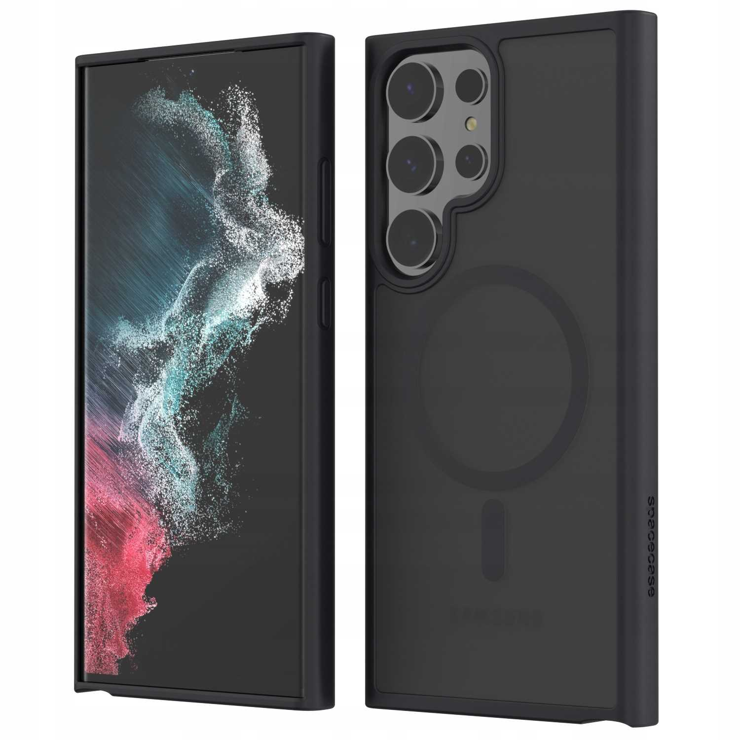 Czarne etui na telefon na białym tle, pokazujące tył i telefon, ze szczegółami aparatu.