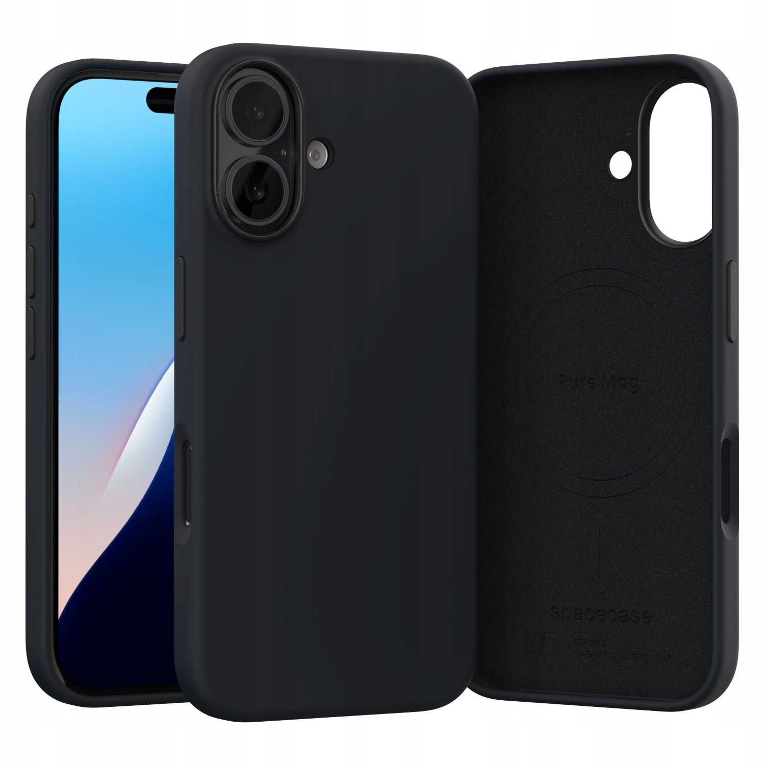 Czarne etui na telefon z czarnym telefonem w środku, pokazujące kamery i przejrzysty design.