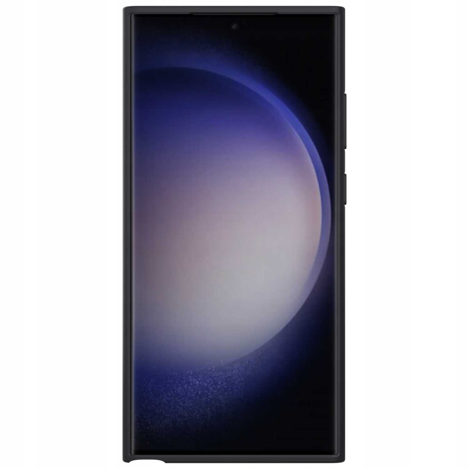 Czarny telefon z zakrzywionym ekranem, wyświetlający niebiesko-fioletowe gradientowe tło.