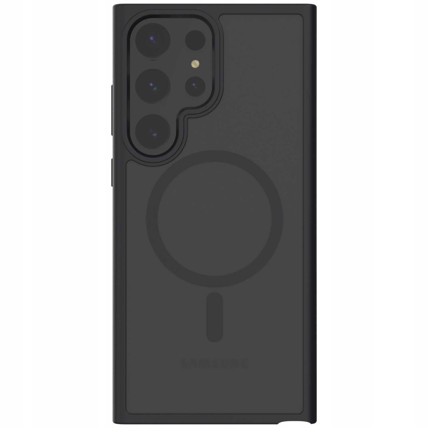 Czarny futerał na telefon z okręgiem MagSafe i wycięciami na aparat. SAMSUNG jest napisane na dole.